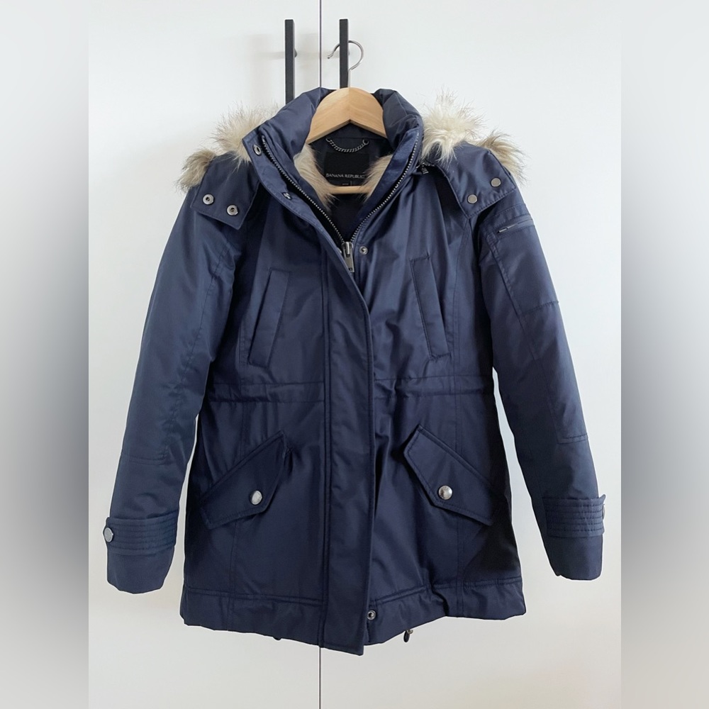 Banana Republic Navy Fur Trim Utility Puffer Coat Petite XXS